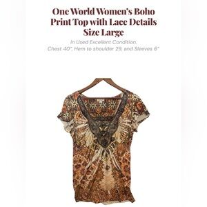 One World Boho Print Lace Top Large Multicolor Earth Tone Short Sleeve